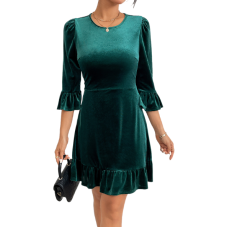 Round necked slim fit ruffle edge short skirt velvet dress