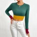 Slim fit round neck short patchwork color contrast long sleeved T-shirt fashion top