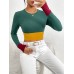 Slim fit round neck short patchwork color contrast long sleeved T-shirt fashion top