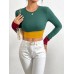 Slim fit round neck short patchwork color contrast long sleeved T-shirt fashion top