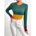 Slim fit round neck short patchwork color contrast long sleeved T-shirt fashion top