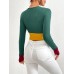 Slim fit round neck short patchwork color contrast long sleeved T-shirt fashion top