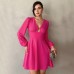 Waist cinched V-neck bubble sleeve A-line skirt mini dress