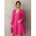 Waist cinched V-neck bubble sleeve A-line skirt mini dress