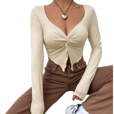 Slim fit V-neck twisted fashionable knitted sweater ultra short long sleeved top