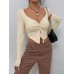 Slim fit V-neck twisted fashionable knitted sweater ultra short long sleeved top