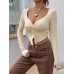 Slim fit V-neck twisted fashionable knitted sweater ultra short long sleeved top