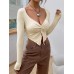 Slim fit V-neck twisted fashionable knitted sweater ultra short long sleeved top