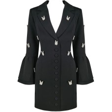 Spring Black New Women's Long Sleeve V-Neck Flare Sleeve Diamond Rabbit Button Bodycon Celebrity Party Mini Suit Dres