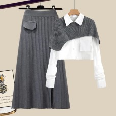 Spring Autumn Large Size Women's Shawl Shirt Three-piece Set+High Waist Knitting Half-body Skirt Set Women Fashion 3 Piece Set