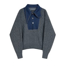 Dark Gray Denim Knitting Sweater Loose Fit Lapel Long Sleeve Women Pullovers New Fashion Tide Spring Autumn Dark Gray Denim Knitting Sweater Loose Fit Lapel Long Sleeve Women Pullovers New Fashion Tide Spring Autumn
