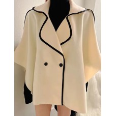Vintage Shawl Design Contrast Color Edge High Quality Cloak Woolen Coats Casual Loose Double Breasted Long Sleeve Jacket