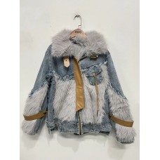 Streetwear Chic Faux Fur Collar Patchwork Zipper Thick Warm Denim Coats Casual Loose Long Sleeve Women Jacket Autumn