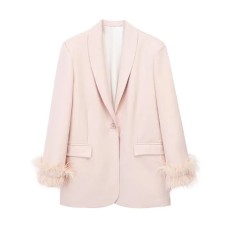 Feathers Sleeve Blazer Pant Sets Women Fashion Single Button Jacket Zipper Trousers Autumn Winter Office Outfits Outwear 