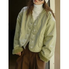 Vintage Faux Fur Leather Short Jackets Women V Neck Thick Loose Single Breasted Coat Fashion