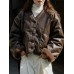 Vintage Faux Fur Leather Short Jackets Women V Neck Thick Loose Single Breasted Coat Fashion