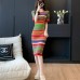 Vintage Striped Knee-Length Slim Knitted Dress Women Summer Korean O-neck Bodycon Sweater Dresses Elegant Vestidos Mujer P704