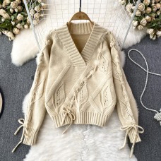 Oversize Handmade Rope Wearing V-neck Knitted Pullover Sweater For Womens Loose Knitwear Jumper