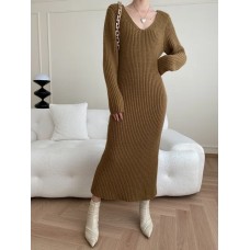 Fashion Women's Knitted Dresses Long Sleeve V-neck Ankle-length Elegance Loose Solid Soft Dress Winter New Fashion Women's Knitted Dresses Long Sleeve V-neck Ankle-length Elegance Loose Solid Soft Dress Winter New