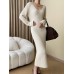 Fashion Women's Knitted Dresses Long Sleeve V-neck Ankle-length Elegance Loose Solid Soft Dress Winter New 