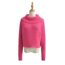 Stylish Plain Blue Knitting Striped Line Pullover Turtleneck Sweater 2023 Autumn Women Full sleeve Loose Short Knitwear Jumper
