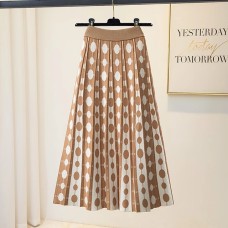 Knitted Long Skirt for Women Autumn Winter Vintage Polka Dot Print A Line High Waist Pleated Skirt Female Knitted Long Skirt for Women Autumn Winter Vintage Polka Dot Print A Line High Waist Pleated Skirt Female