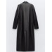  New Spring Autumn Streetwear Faux Leather Long Jacket Women Fashion Turn-down Collar Single Breasted Black Pu Coat Trench