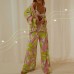 Print Pleated Suit Women Lapel Long Sleeve Shirt Top And High Wasit Pants Set Elegant Casual Pants Outfits Two Piece Set