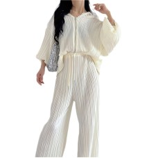 Pleated Two-piece Suits For Women V-neck Hooded Long Sleeve Jacket+High Waist Wide Leg Pants  Autumn New Tide Set