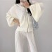 Pleated Two-piece Suits For Women V-neck Hooded Long Sleeve Jacket+High Waist Wide Leg Pants  Autumn New Tide Set