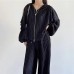 Pleated Two-piece Suits For Women V-neck Hooded Long Sleeve Jacket+High Waist Wide Leg Pants  Autumn New Tide Set