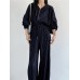 Pleated Two-piece Suits For Women V-neck Hooded Long Sleeve Jacket+High Waist Wide Leg Pants  Autumn New Tide Set