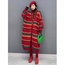 Fashion Women Knit Trench Autumn  New Contrast Color V-neck Long Cardigan Coat Single Breasted Windbreaker 