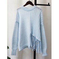 Blue Tassel Sweater Pullover Female  Autumn New Korean Version Loose O-neck Long Sleeve Women's Solid Color 