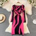 Korean Dress Women Autumn Spring  Fashion New Midi Zebra Pattern Stretch Knitted Square Neck Tight Knit Vestidos