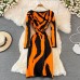 Korean Dress Women Autumn Spring  Fashion New Midi Zebra Pattern Stretch Knitted Square Neck Tight Knit Vestidos