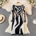 Korean Dress Women Autumn Spring  Fashion New Midi Zebra Pattern Stretch Knitted Square Neck Tight Knit Vestidos
