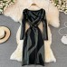 Korean Dress Women Autumn Spring  Fashion New Midi Zebra Pattern Stretch Knitted Square Neck Tight Knit Vestidos
