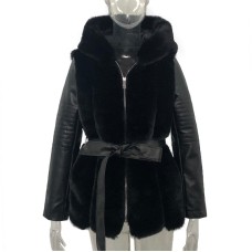 New faux fur jacket for women with belt and hood, solid color zippered jacket jacket