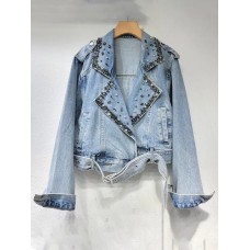 Pearl Diamond Notched Collar Lace-up Spliced Denim Jackets For Women Y2k High Street Loose Coat 