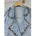 Pearl Diamond Notched Collar Lace-up Spliced Denim Jackets For Women Y2k High Street Loose Coat 