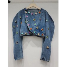 Diamond Lantern Sleeve Round Neck Short Denim Jackets For Women High Waist Coat Autumn 