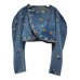 Diamond Lantern Sleeve Round Neck Short Denim Jackets For Women High Waist Coat Autumn 