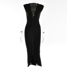 Plunging Neckline Slit Ruched Vegas Dress