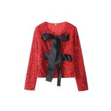 Spring new cross-border women's clothing from Europe and America, stylish and stylish bow tie sequin top