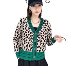 Trend Korean Leopard Print Women's Large Size Winter Button Outerwear Knitted Cardigans Y2k Vintage Warm Sweater Jacket