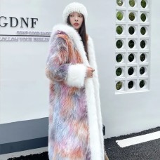 MPPM Winter Faux Fur Long Coat Women Hot Tie Dye Pink Hooded Faux Fur Coat Women With Hood Lapel Warm Thick Soft Fluffy Jacke