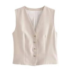 Woman's Chic Sets Solid Color V-Neck Sleeveless Single Breasted Pleated Lace-Up Drawstring Long Pant