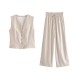 Woman's Chic Sets Solid Color V-Neck Sleeveless Single Breasted Pleated Lace-Up Drawstring Long Pant