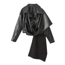 New Fashion Women's All-match Irregular Short Leather Lapel Coat Long Sleeve Black Jackets Top 